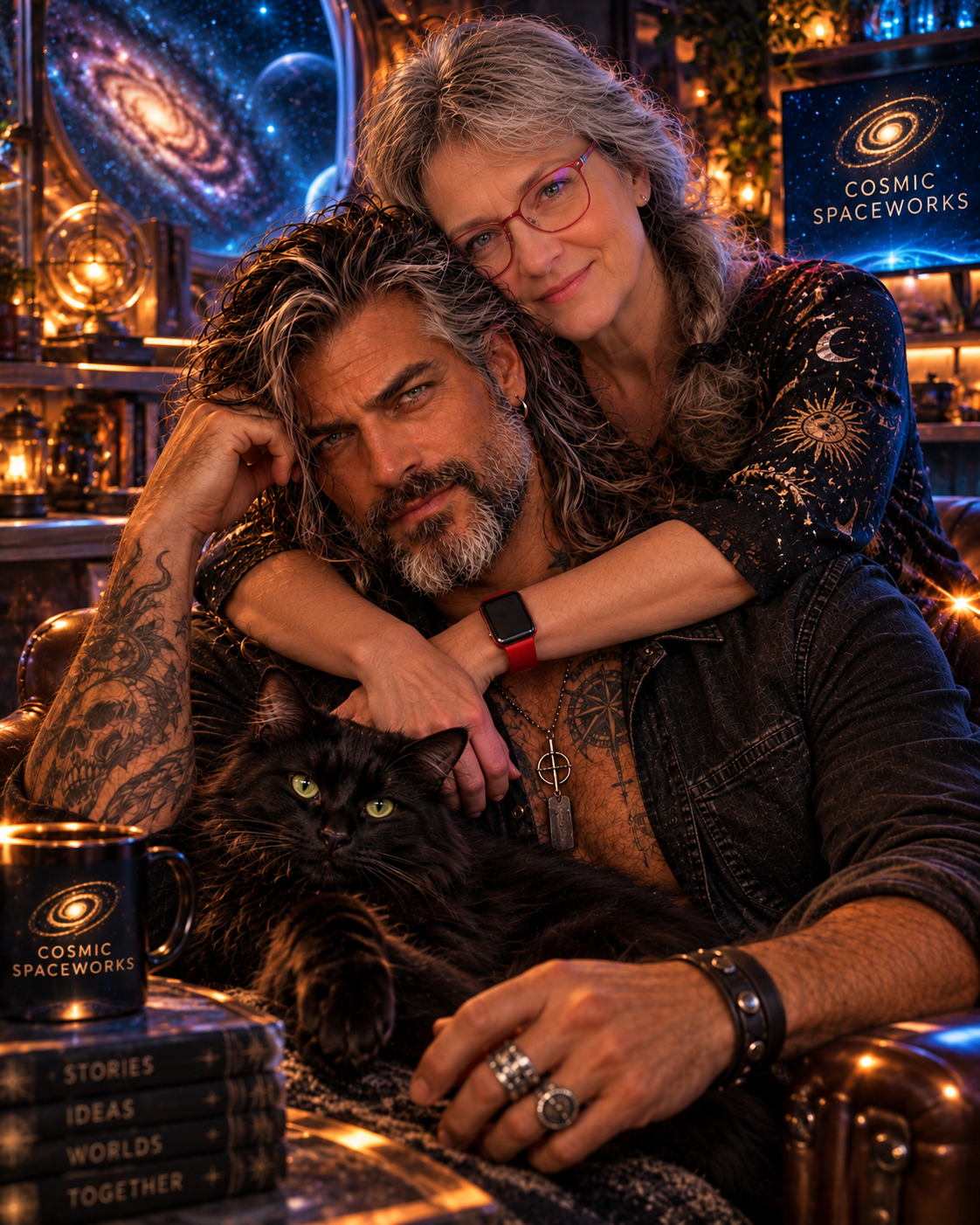 Nancy embracing Roc, with a fluffy black cat across his lap in a warm, star-filled Cosmic SpaceWorks room